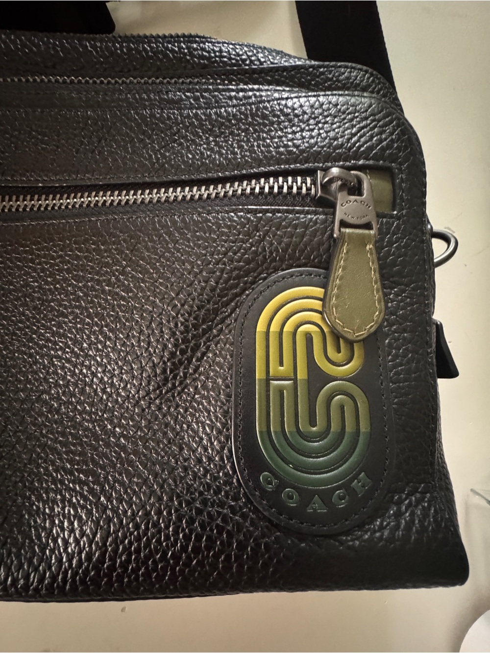 Coach Black Pebbled Leather Messenger Bag with Green and Yellow Accent